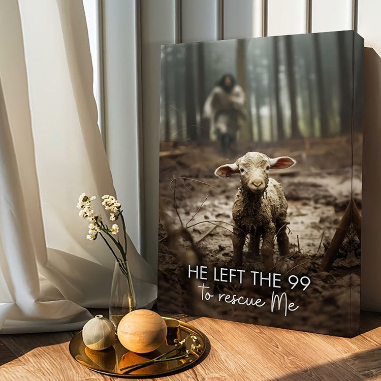 1 Piece Canvas Painting With Wood Frame, Ready To Hang, He Left 99 Sheep To Save Me, Man And Lost Sheep, Christian Wall Art, Framed Mural Print, Suitable For Living Room And Bedroom, Home Decor