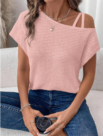 Women's Short-sleeved Solid Color Top Fashionable All-match Off-shoulder Knitted T-shirt