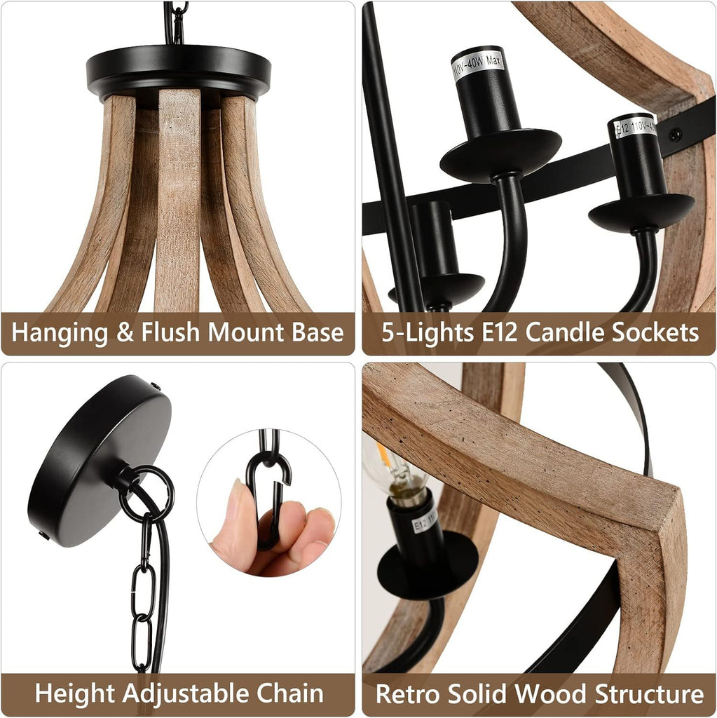 Solid Wood Modern Chandelier For Dining Room, Living Room, Kitchen, Island, Bedroom, Foyer, Height Adjustable, Brown Unavailable Platforms- Welfel