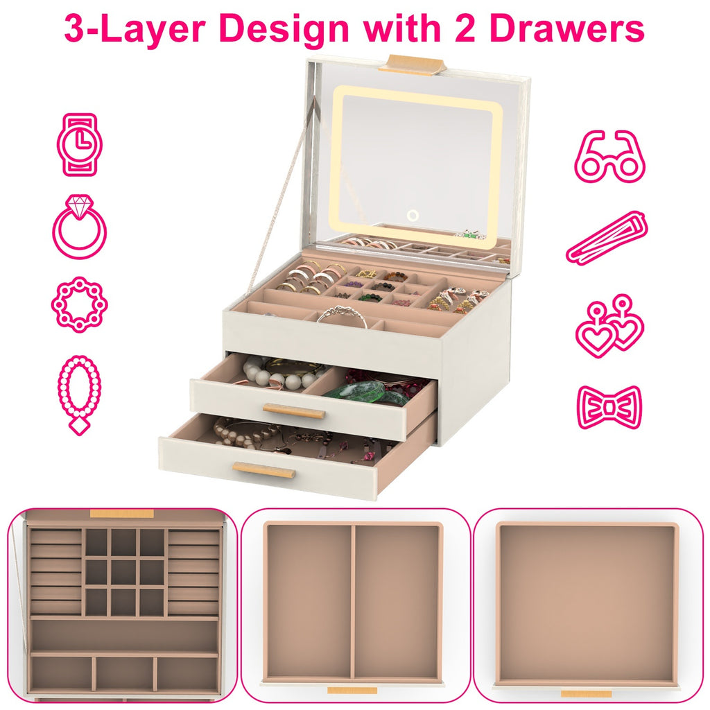 1 Set Jewelry Box With LED Mirror 3 Layer Jewelry Organizer With 2 Drawers PU Jewelry Holder With 3 Mirror Light Colors Dimmable For Earrings Rings Bracelets Necklaces
