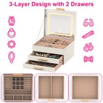 1 Set Jewelry Box With LED Mirror 3 Layer Jewelry Organizer With 2 Drawers PU Jewelry Holder With 3 Mirror Light Colors Dimmable For Earrings Rings Bracelets Necklaces