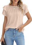 Summer Pleated Short Sleeve Round Neck Top Business Work Shirt