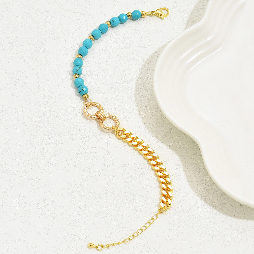 A Creative And Luxurious Instagram Style Double Ring Turquoise Multi Chain Mixed Bead Bracelet For Women's Vacation And Date Gifts