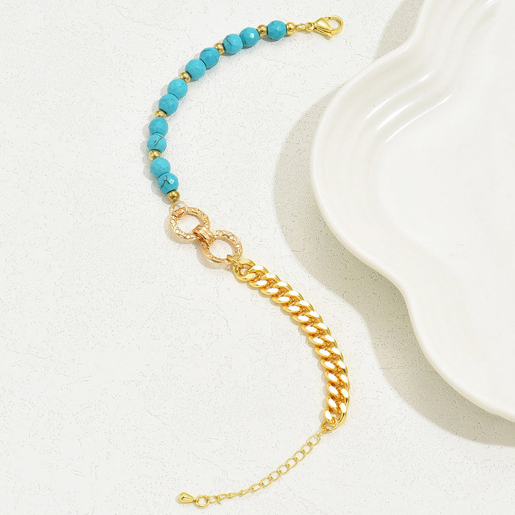 A Creative And Luxurious Instagram Style Double Ring Turquoise Multi Chain Mixed Bead Bracelet For Women's Vacation And Date Gifts