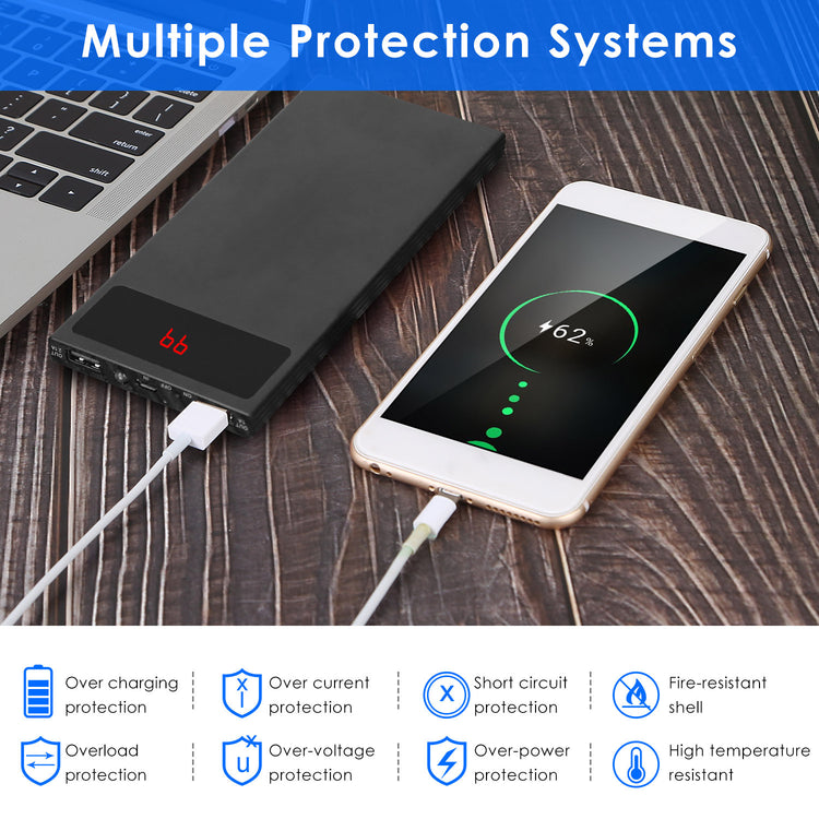 1Pc 20000mAh Power Bank Ultra-thin Phone Charger Dual USB Port Flashlight Battery Remain Display