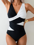 Women's Fashion One-piece Swimsuit, Black And White Contrast, Chest Cross, Solid Color One-piece Swimsuit, Holiday Style