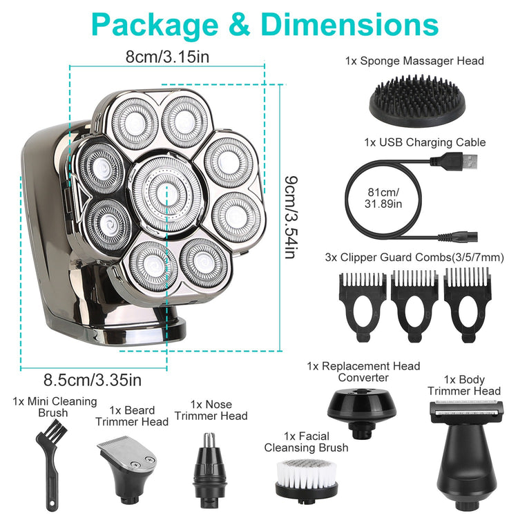 1Pc 6 In 1 9D Electric Head Shaver For Men Cordless Rechargeable Wet Dry Razor With LED Display Travel Lock Stall Protection Cleaning Reminder