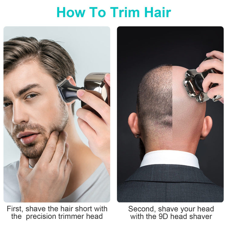 1Pc 6 In 1 9D Electric Head Shaver For Men Cordless Rechargeable Wet Dry Razor With LED Display Travel Lock Stall Protection Cleaning Reminder