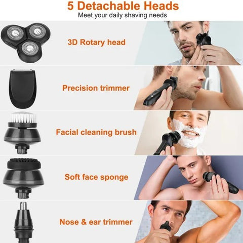 5 In 1 Electric Razor Shaver Rechargeable Cordless Head Beard Trimmer Shaver Kit IPX6 Waterproof Dry Wet Grooming Kit