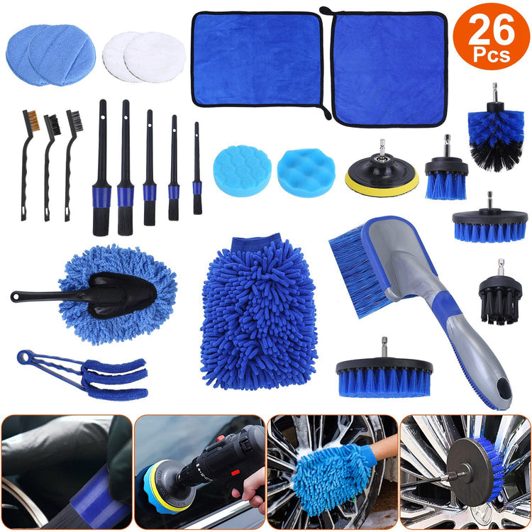 26Pcs Car Detailing Brush Kit Exterior Interior Car Cleaning Set Drill Brush Set Car Buffing Sponge Pads Kit For Cleaning Automobile Interior Exterior Wheels Dashboard